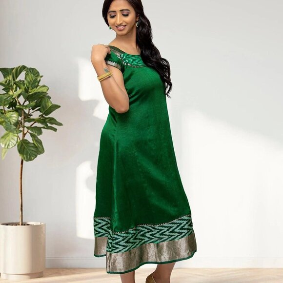 Ethno-Chic Dark Green Silk Knee Dress | Muvvas Boutique - Picture 3 of 3